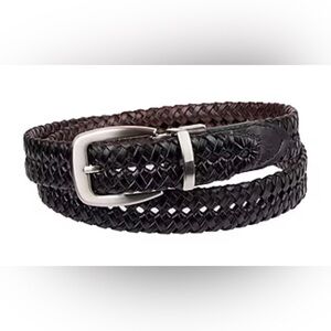 Men’s Black Brown Braided Leather Reversible Brushed Silver Tone Buckle 36/90